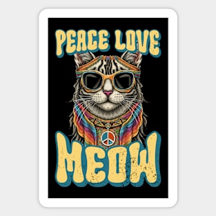 Peace Love Meow, Retro Groovy Style Hippie Cat Lover Design Magnet